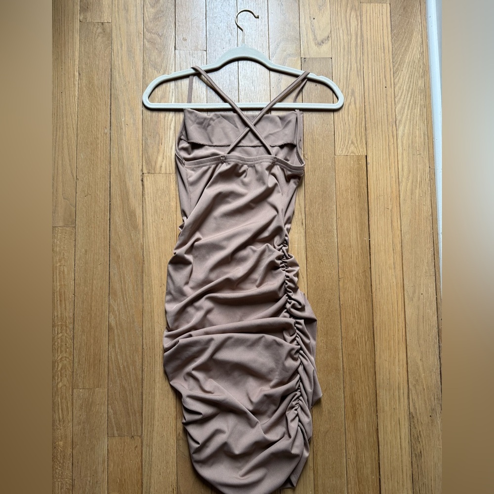 Elegant Tan Ruched Dress - Picture 2 of 5